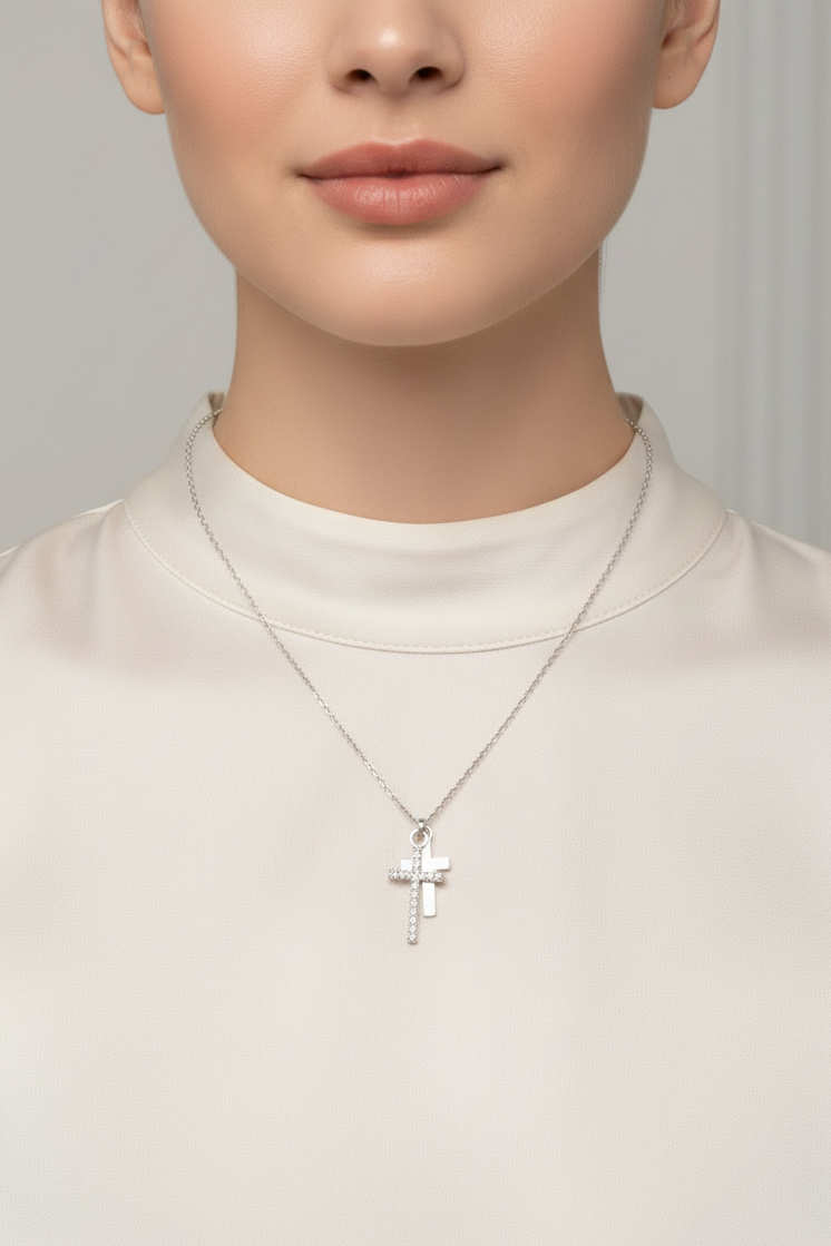 Double Cross Necklace Silver