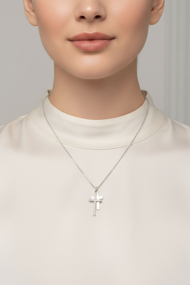 Double Cross Necklace Silver