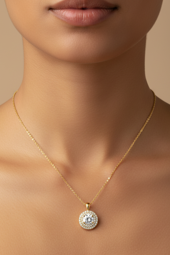 Double Halo Necklace Gold